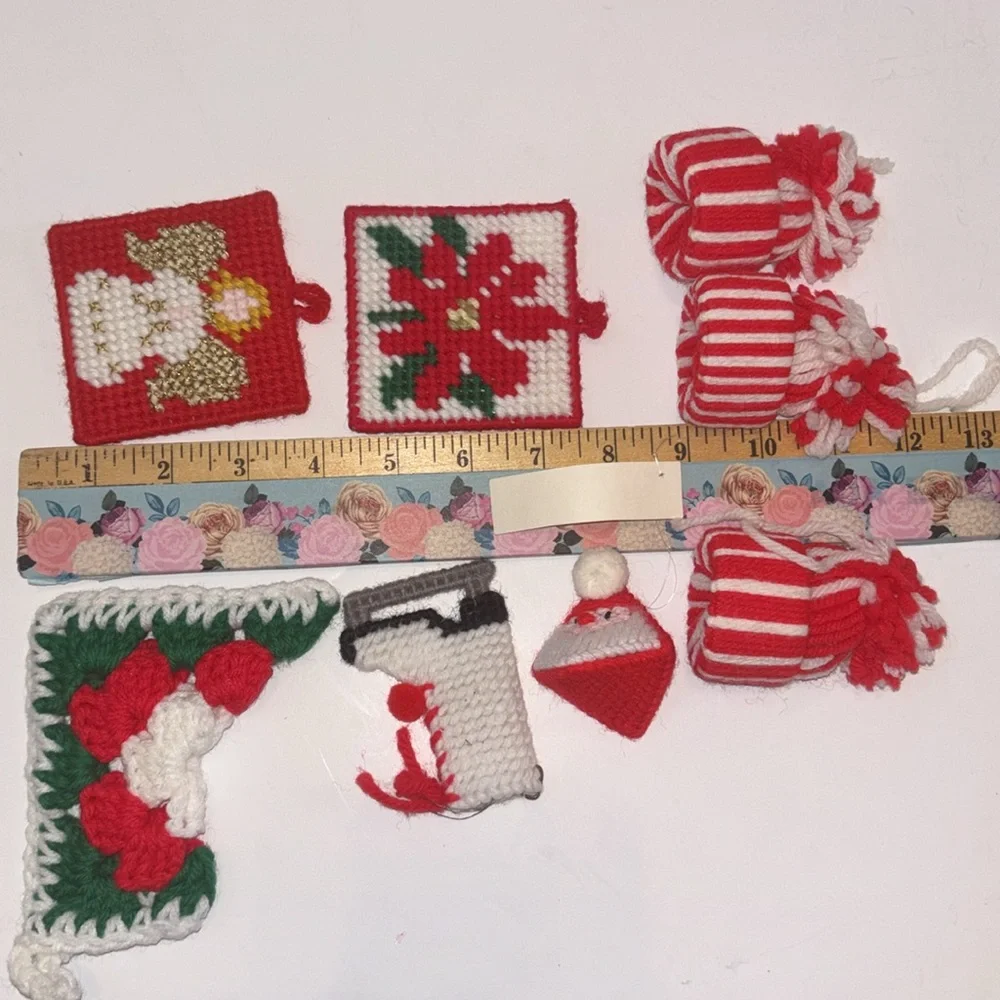 Handmade Yarn ornaments Vintage 80s Red and White Christmas Ornaments Craft Fair
